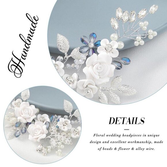Wedding Hair Vine Blue Rhinestone Bridal Headpiece Crystal Leaf Flower Jewelry - Picture 3 of 7